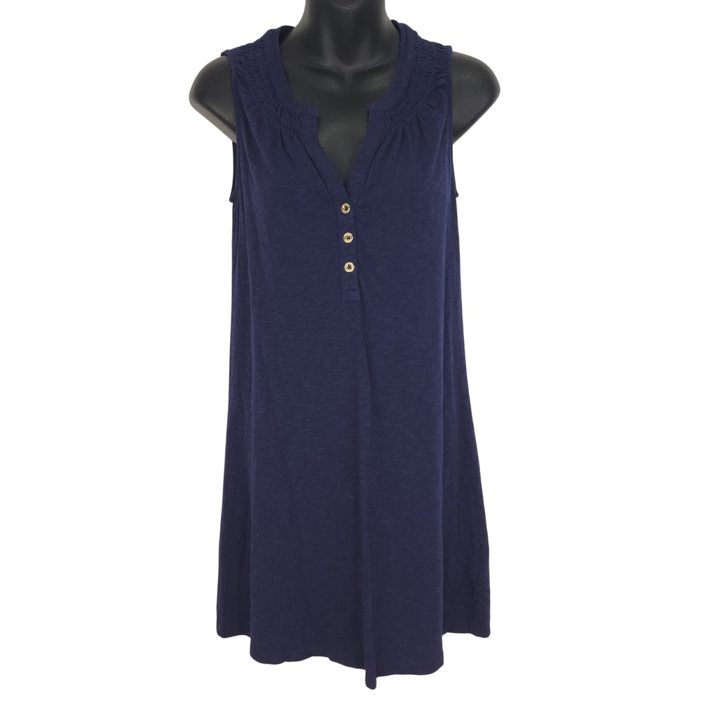 Lilly Pulitzer Essie Navy‎ Blue Smocked Henley Sleeveless Shift Dress XS 23597